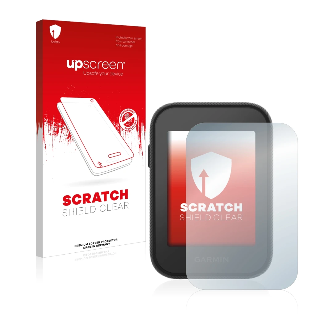 Face avant d’un emballage produit avec le logo de la marque upscreen. À côté, l’appareil Garmin Approach G30 est représenté av