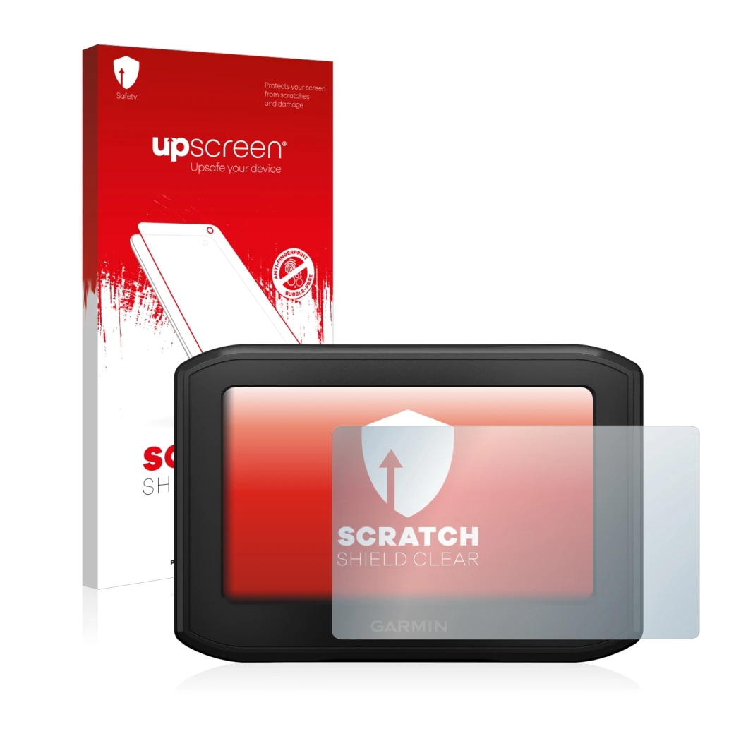 Face avant d’un emballage produit avec le logo de la marque upscreen. À côté, l’appareil Garmin zumo 396 LMT-S est représenté