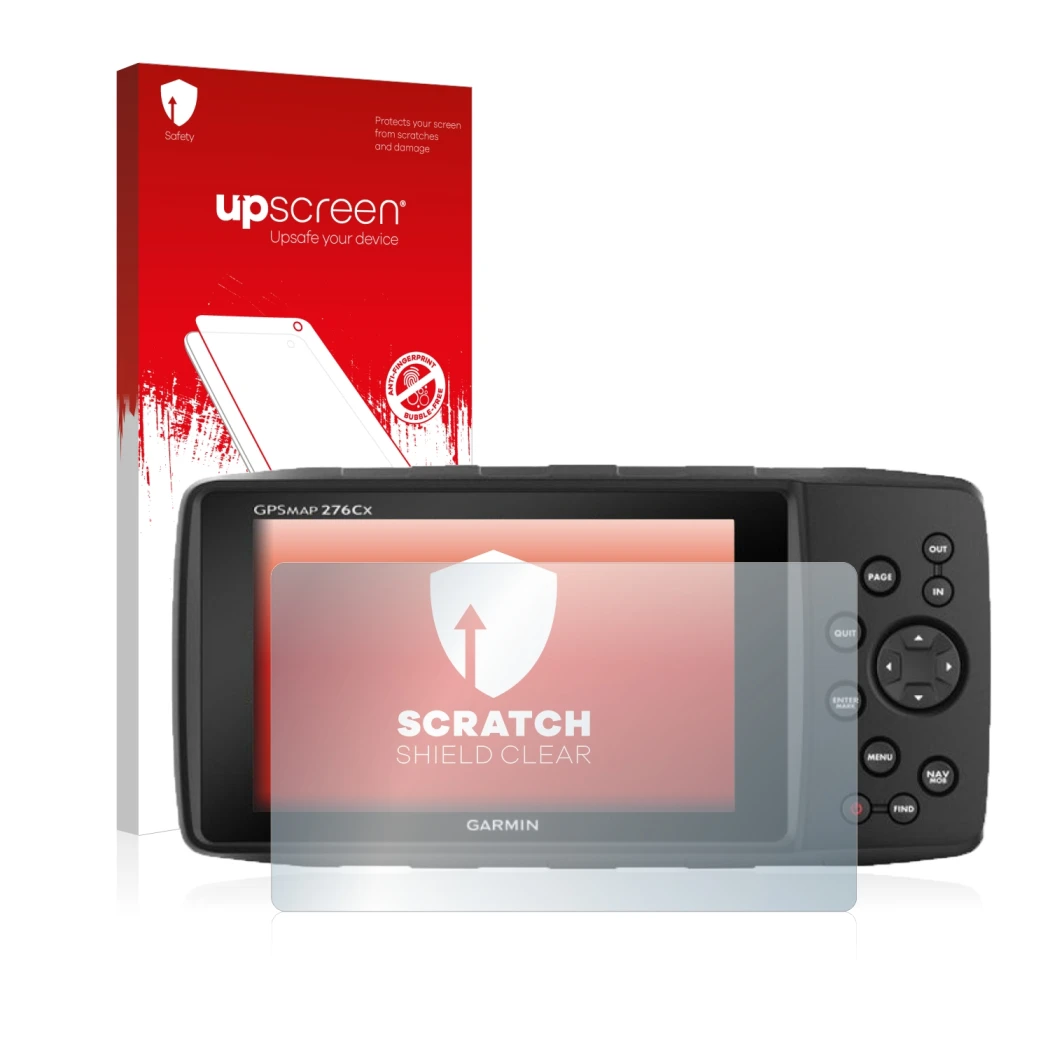 Face avant d’un emballage produit avec le logo de la marque upscreen. À côté, l’appareil Garmin GPSMAP 276Cx est représenté av