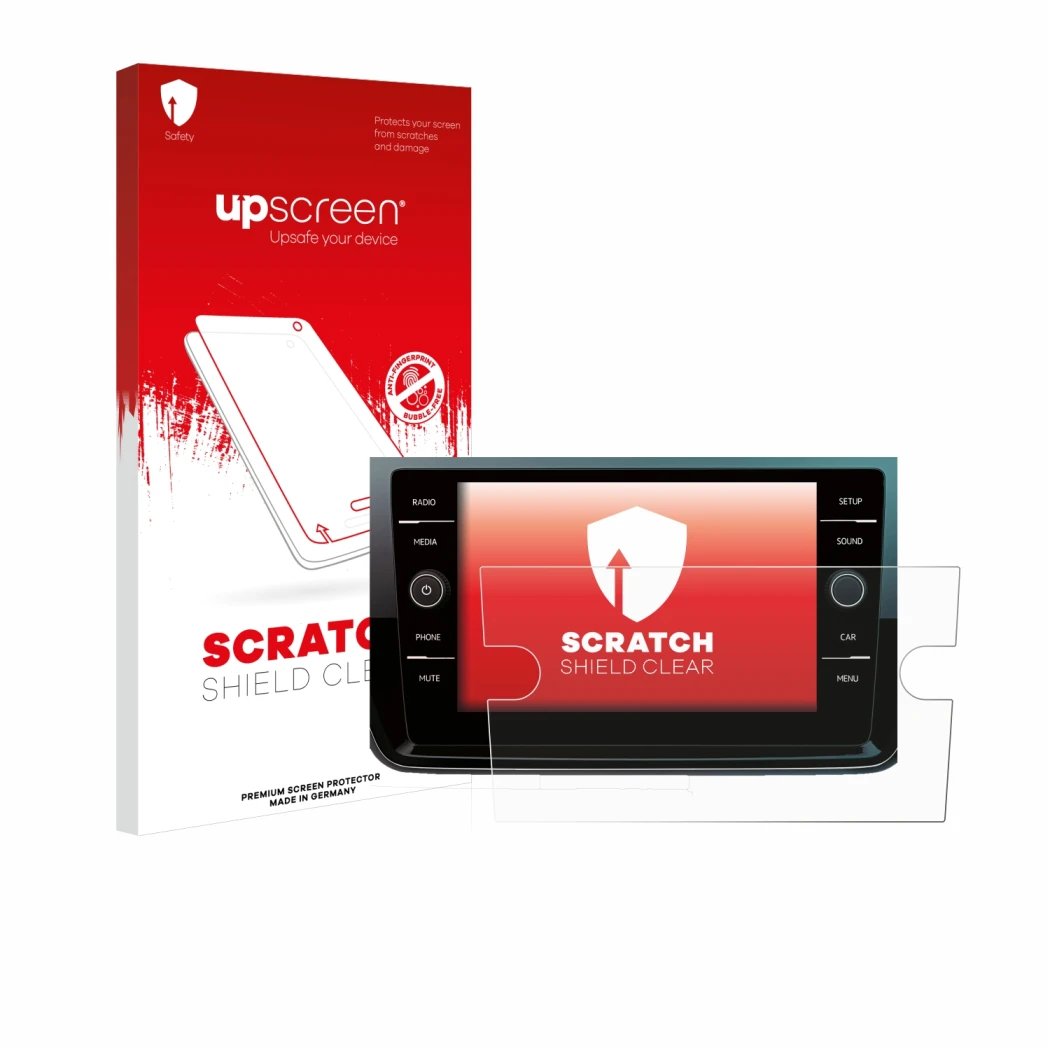 Face avant d’un emballage produit avec le logo de la marque upscreen. À côté, l’appareil Volkswagen Polo 2018 Composition Medi