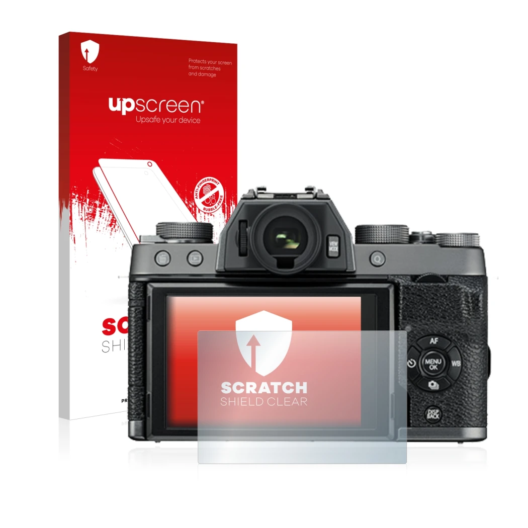 Face avant d’un emballage produit avec le logo de la marque upscreen. À côté, l’appareil Fujifilm X-T100 est représenté avec l
