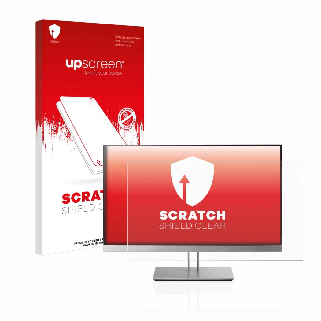 Face avant d’un emballage produit avec le logo de la marque upscreen. À côté, l’appareil HP EliteDisplay E233 est représenté a