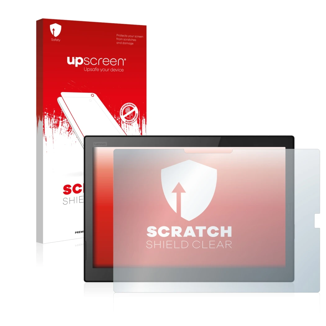 Face avant d’un emballage produit avec le logo de la marque upscreen. À côté, l’appareil Lenovo ThinkPad X1 Tablet (3.Gen) est