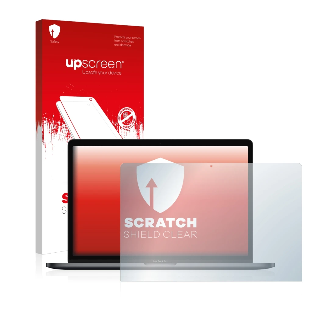 Face avant d’un emballage produit avec le logo de la marque upscreen. À côté, l’appareil Apple MacBook Pro 15