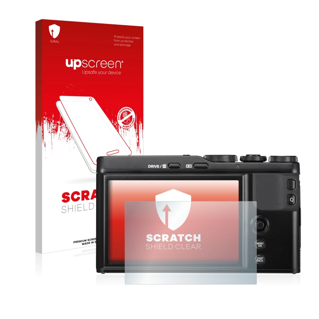 Face avant d’un emballage produit avec le logo de la marque upscreen. À côté, l’appareil Fujifilm XF10 est représenté avec la
