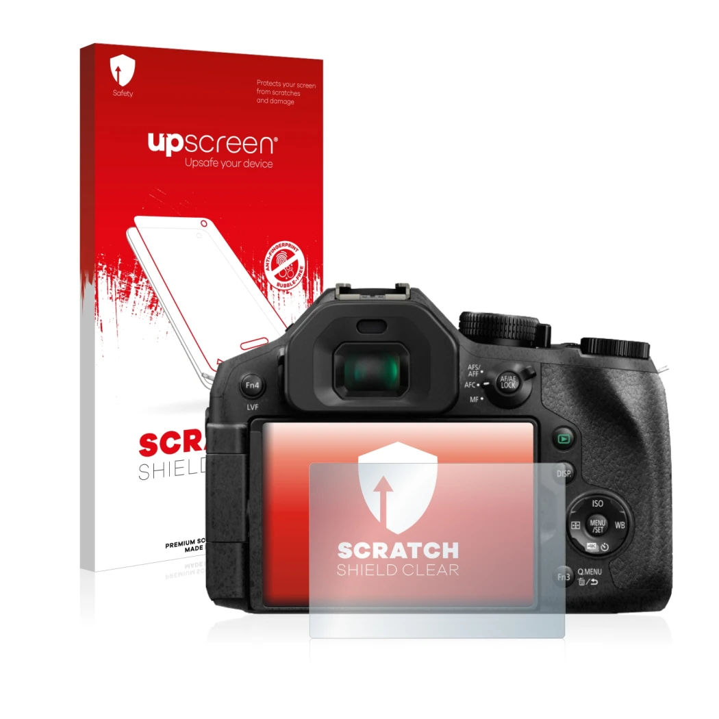 Face avant d’un emballage produit avec le logo de la marque upscreen. À côté, l’appareil Panasonic Lumix DMC-FZ330 est représe