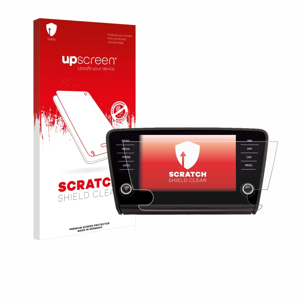 Face avant d’un emballage produit avec le logo de la marque upscreen. À côté, l’appareil Skoda Amundsen Superb 2018 Infotainme