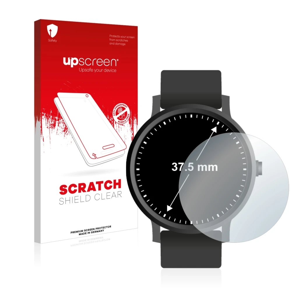 Face avant d’un emballage produit avec le logo de la marque upscreen. À côté, l’appareil Montres (Circulaire, ø: 37.5 mm) est 