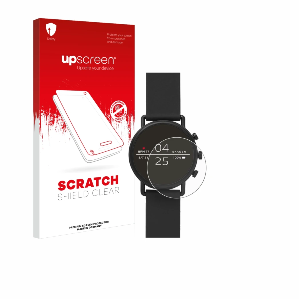 Face avant d’un emballage produit avec le logo de la marque upscreen. À côté, l’appareil Skagen Smartwatch Falster 2 est repré