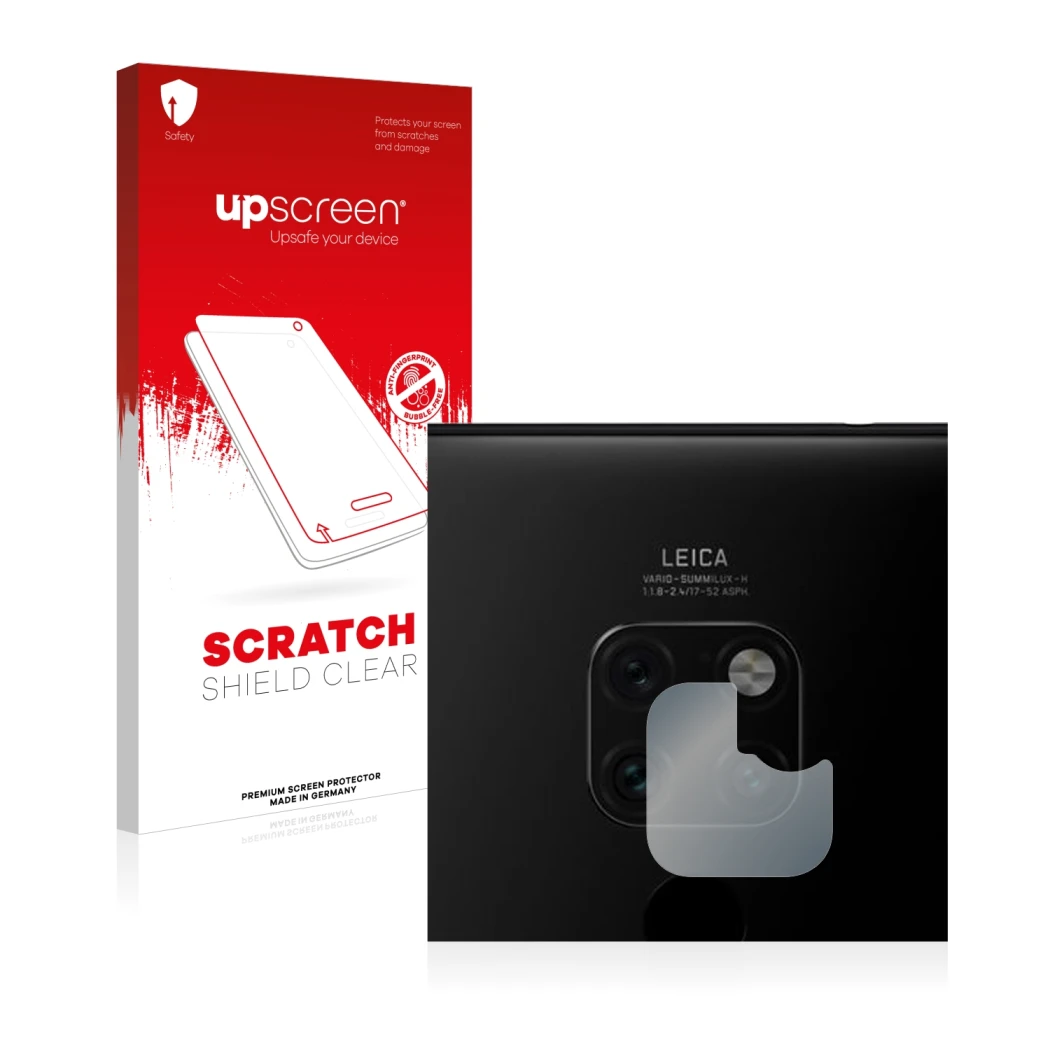Face avant d’un emballage produit avec le logo de la marque upscreen. À côté, l’appareil Huawei Mate 20 (Caméra UNIQUEMENT) es
