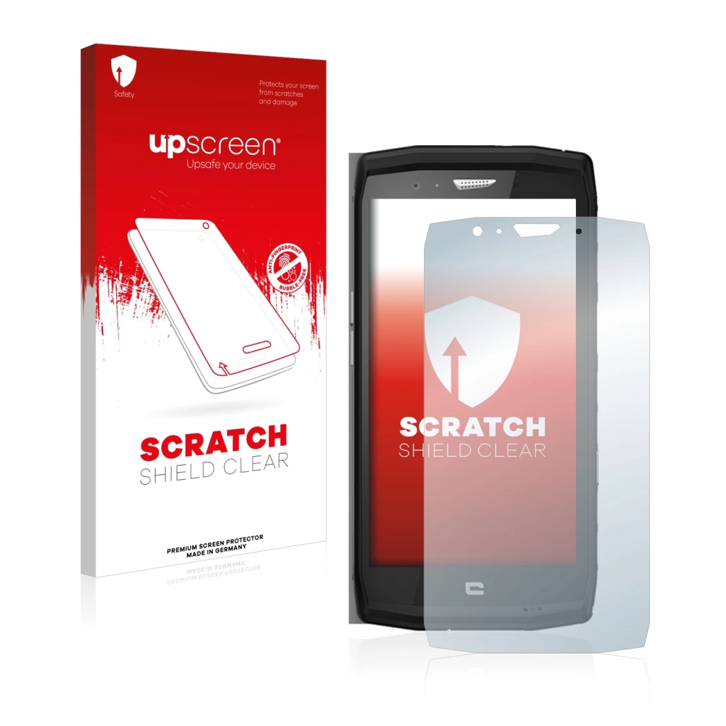 Face avant d’un emballage produit avec le logo de la marque upscreen. À côté, l’appareil Crosscall Trekker X4 est représenté a