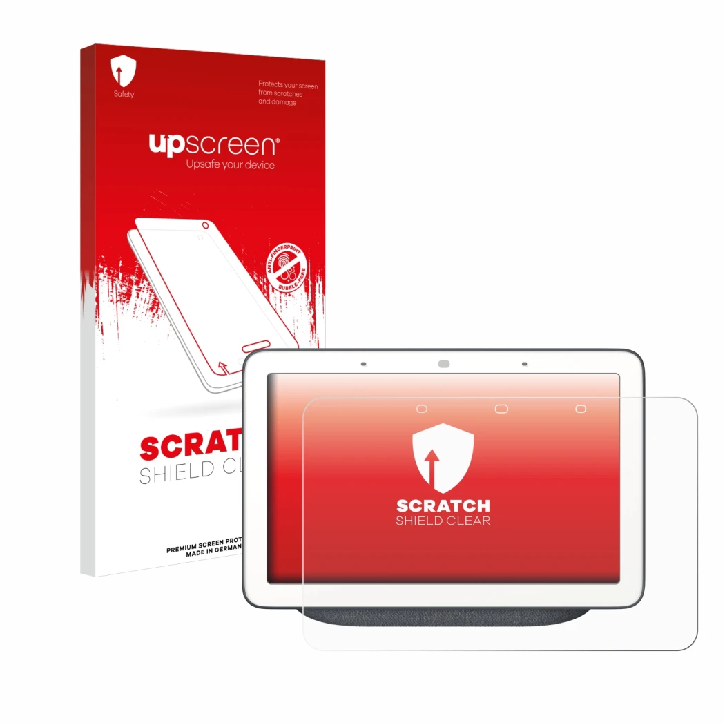 Face avant d’un emballage produit avec le logo de la marque upscreen. À côté, l’appareil Google Home Hub est représenté avec l