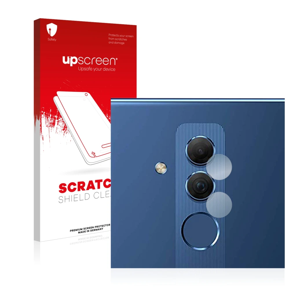Face avant d’un emballage produit avec le logo de la marque upscreen. À côté, l’appareil Huawei Mate 20 lite (Caméra UNIQUEMEN