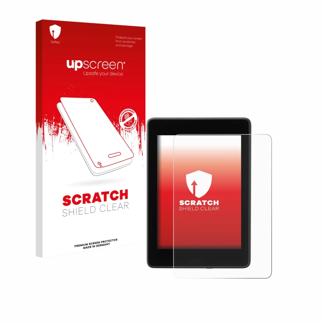 Face avant d’un emballage produit avec le logo de la marque upscreen. À côté, l’appareil Amazon Kindle Paperwhite 2018 (10ème 