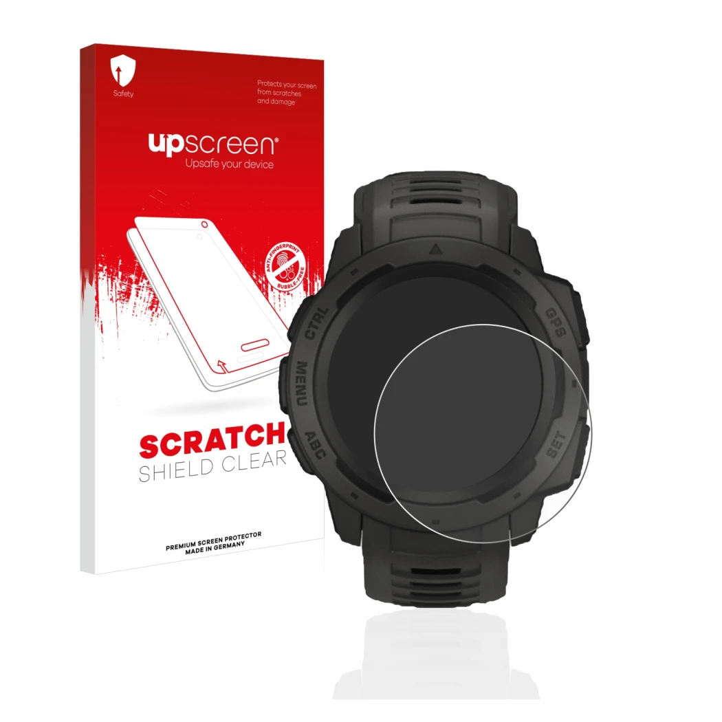 Face avant d’un emballage produit avec le logo de la marque upscreen. À côté, l’appareil Garmin Instinct est représenté avec l