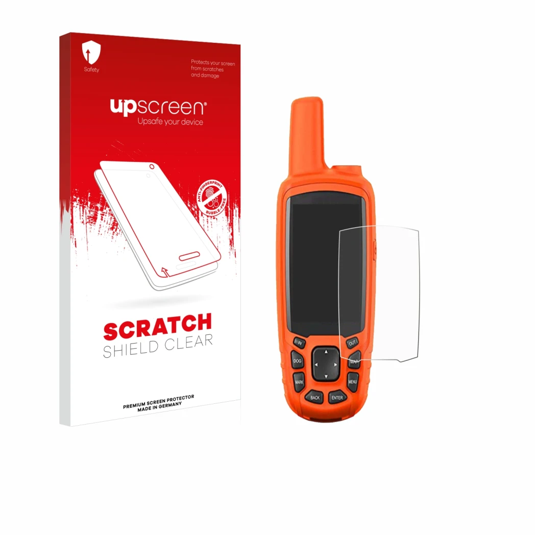 Face avant d’un emballage produit avec le logo de la marque upscreen. À côté, l’appareil Garmin Astro 430 est représenté avec 