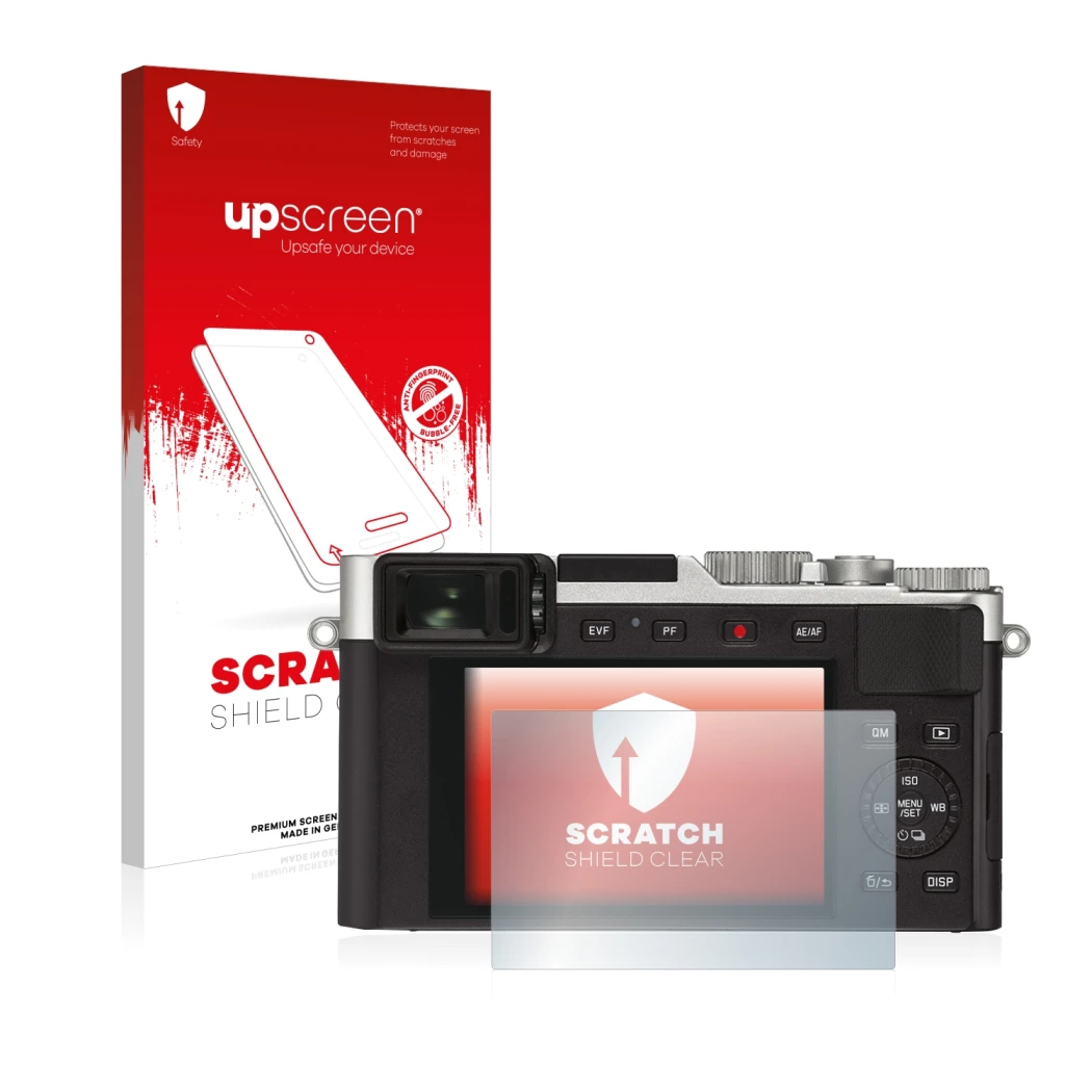 Face avant d’un emballage produit avec le logo de la marque upscreen. À côté, l’appareil Leica D-Lux 7 est représenté avec la