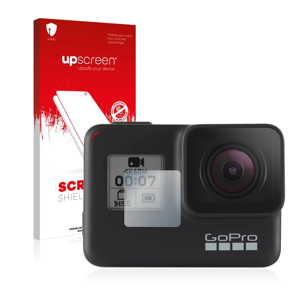 Face avant d’un emballage produit avec le logo de la marque upscreen. À côté, l’appareil GoPro Hero 7 Black (Affichage avant) 