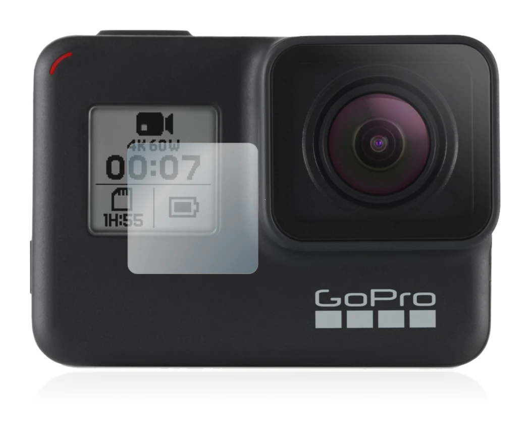 Image de l'appareil GoPro Hero 7 Black (Affichage avant) avec une grande variété de protections d'écran.
