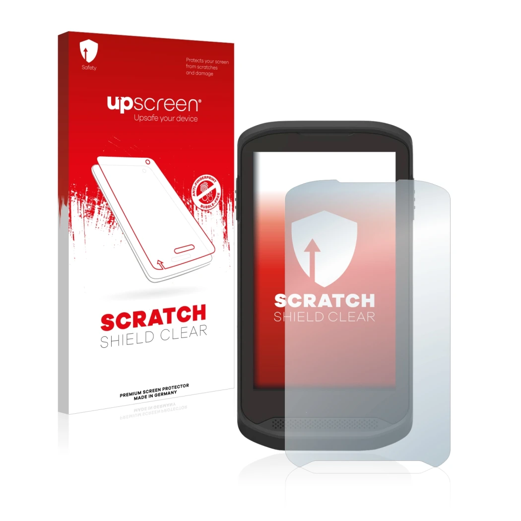 Face avant d’un emballage produit avec le logo de la marque upscreen. À côté, l’appareil Zebra TC20 Touch est représenté avec