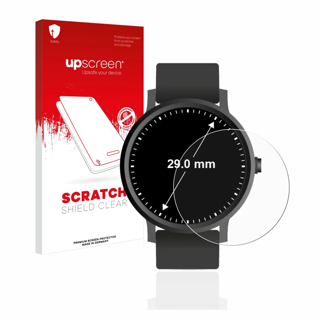 Face avant d’un emballage produit avec le logo de la marque upscreen. À côté, l’appareil Circulaire Displays (ø: 29 mm) est re