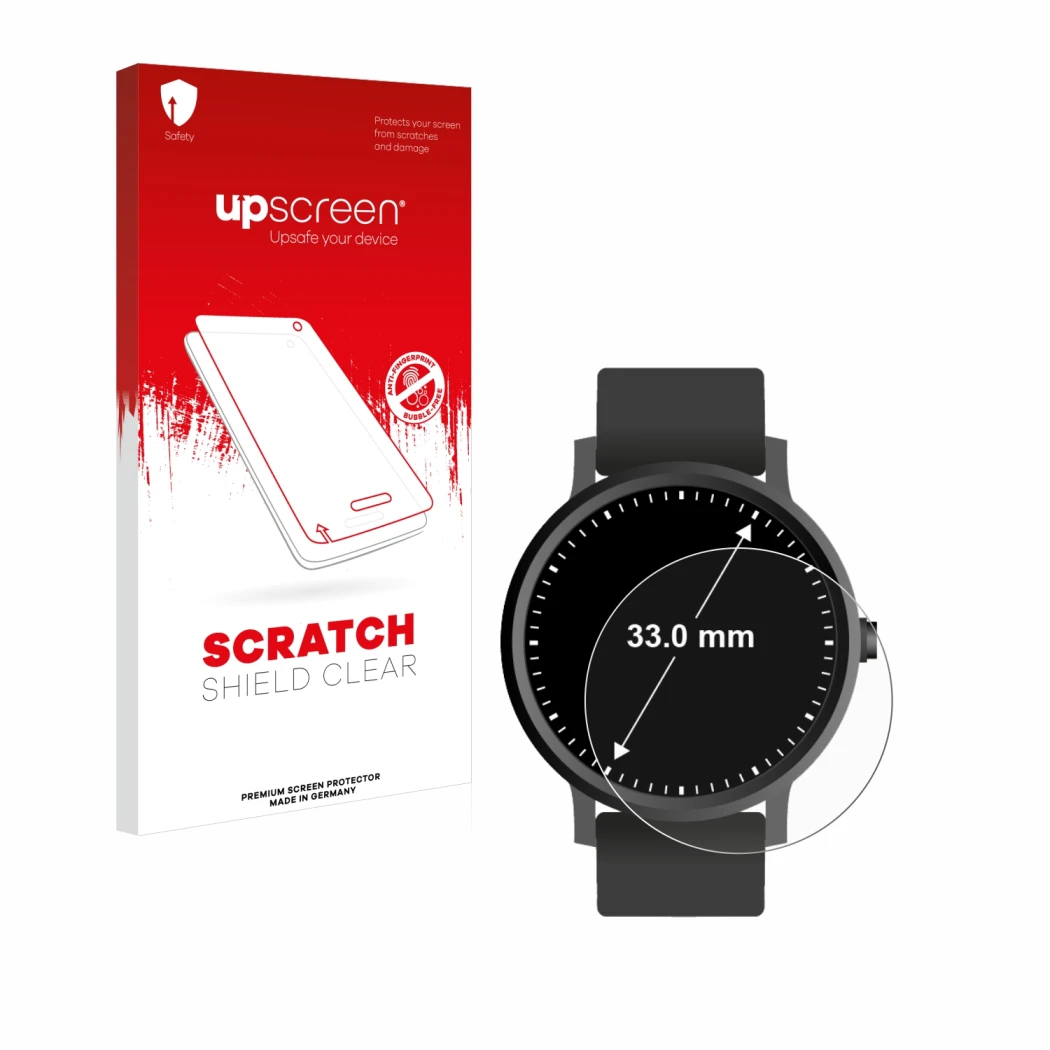 Face avant d’un emballage produit avec le logo de la marque upscreen. À côté, l’appareil Circulaire Displays (ø: 33 mm) est re