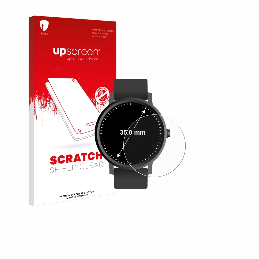Face avant d’un emballage produit avec le logo de la marque upscreen. À côté, l’appareil Circulaire Displays (ø: 35 mm) est re