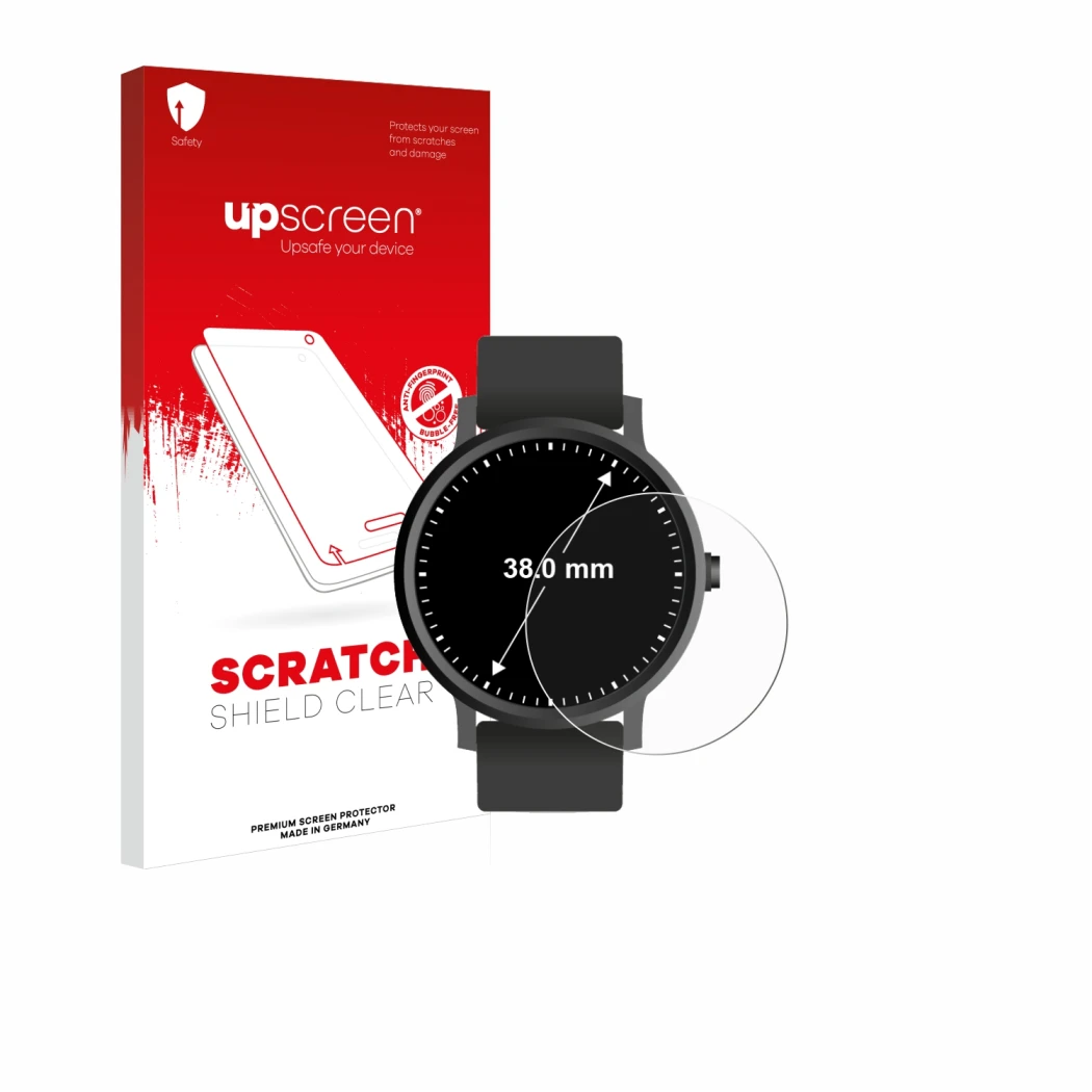 Face avant d’un emballage produit avec le logo de la marque upscreen. À côté, l’appareil Circulaire Displays (ø: 38 mm) est re