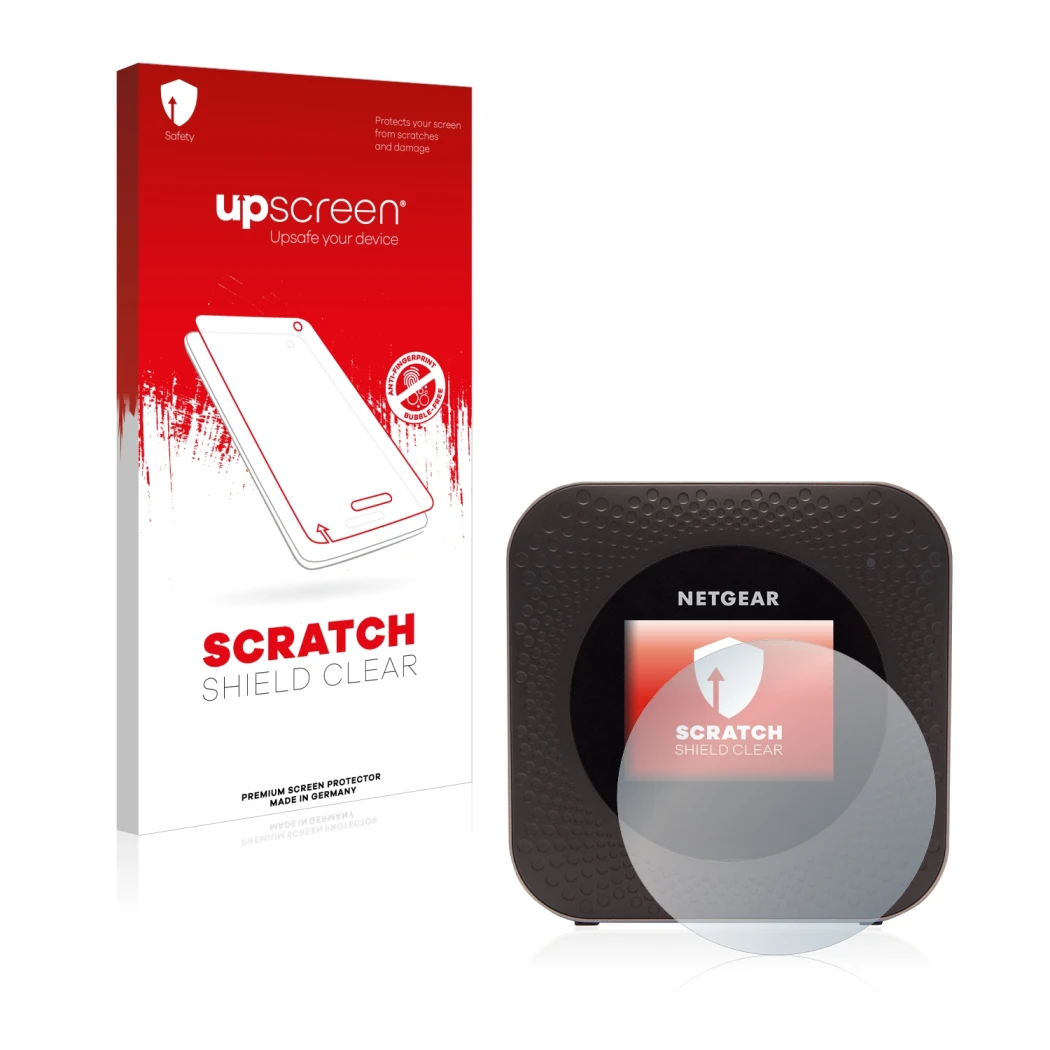 Face avant d’un emballage produit avec le logo de la marque upscreen. À côté, l’appareil Netgear Nighthawk M1 est représenté a