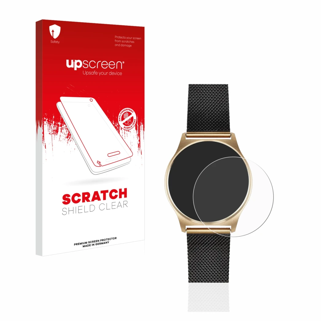 Face avant d’un emballage produit avec le logo de la marque upscreen. À côté, l’appareil Xlyne X-Watch Joli XW Pro est représe