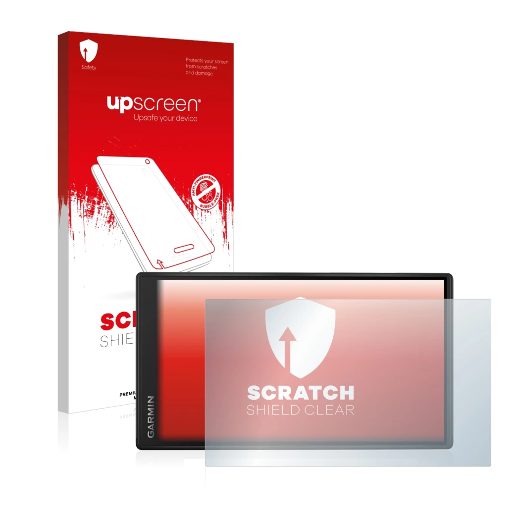 Face avant d’un emballage produit avec le logo de la marque upscreen. À côté, l’appareil Garmin DriveSmart 55 est représenté a