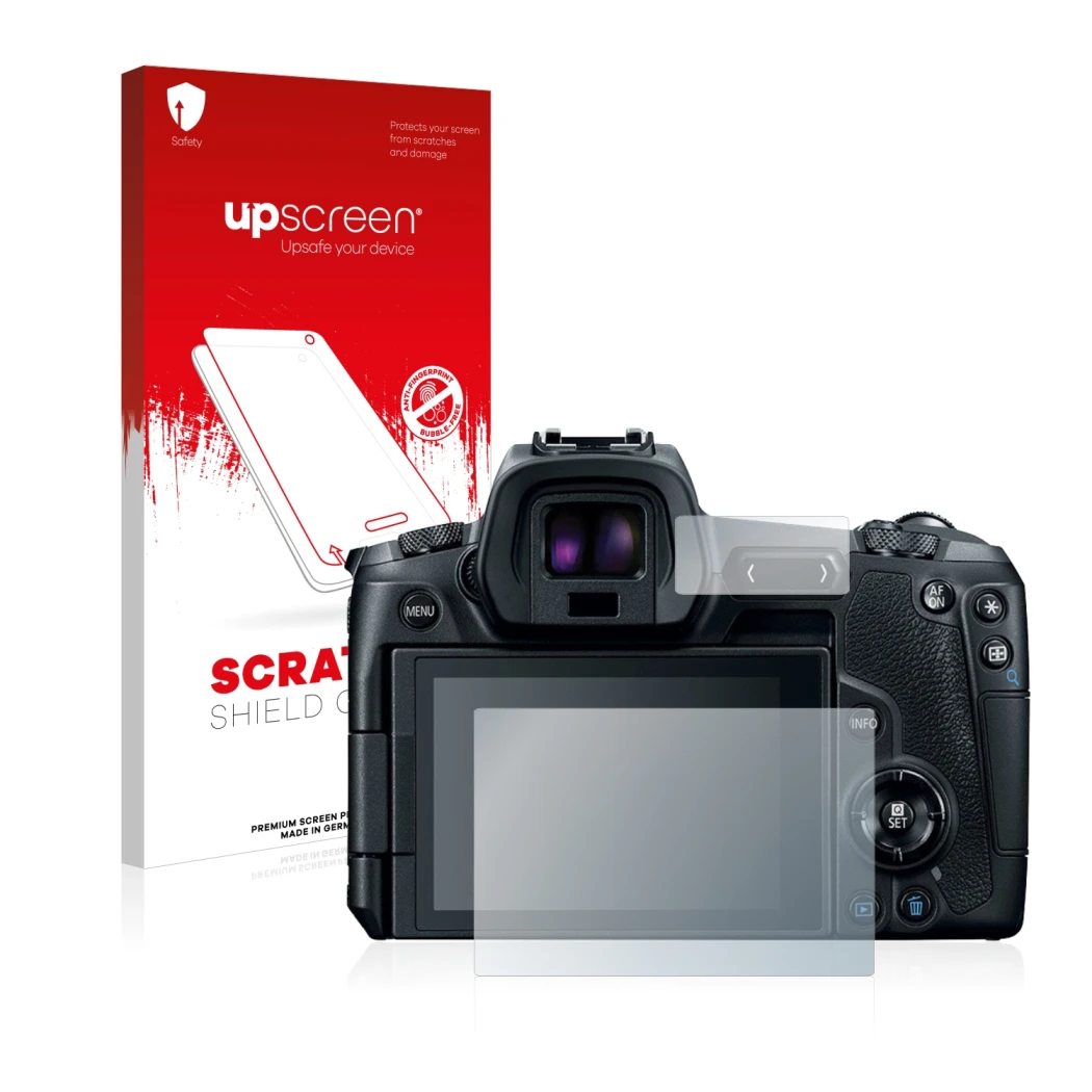 Face avant d’un emballage produit avec le logo de la marque upscreen. À côté, l’appareil Canon EOS R est représenté avec la pr