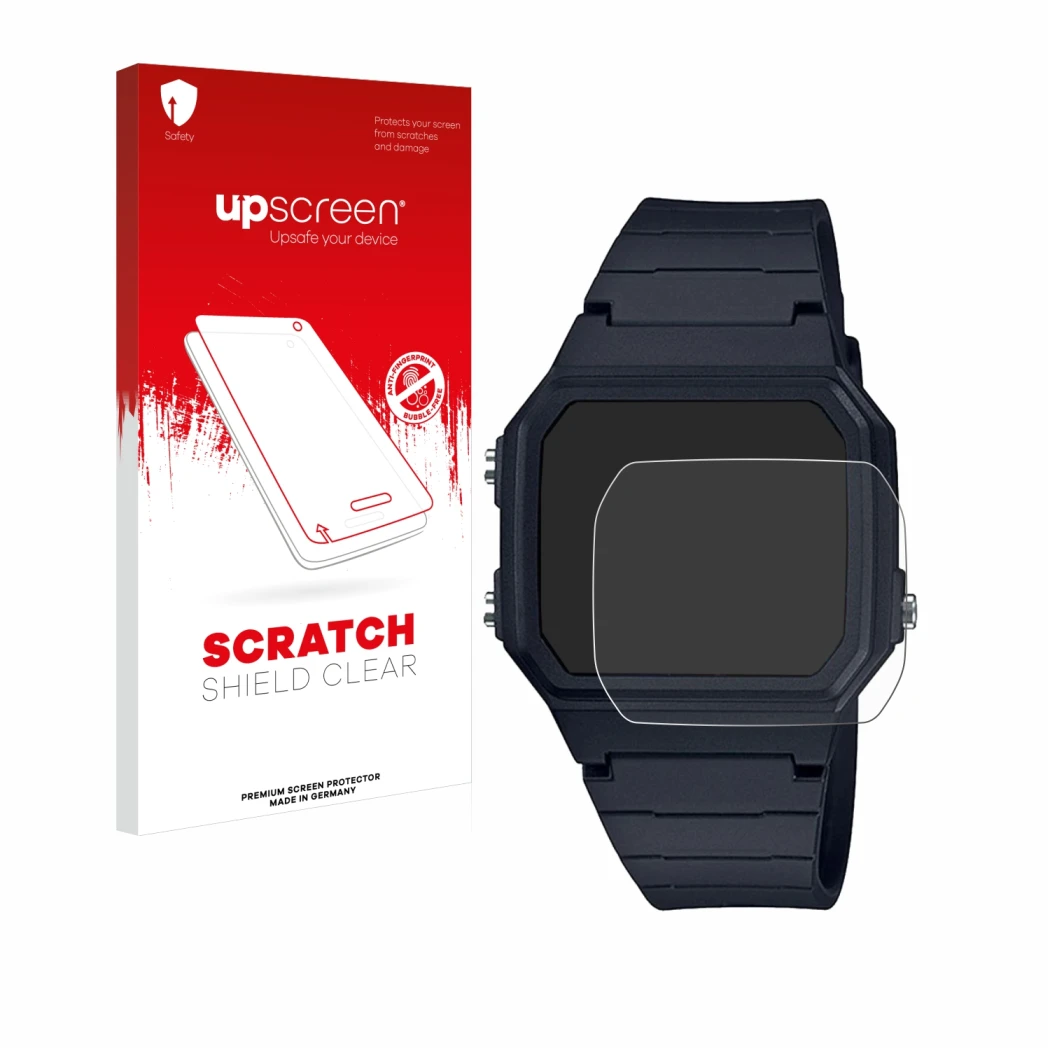 Face avant d’un emballage produit avec le logo de la marque upscreen. À côté, l’appareil Casio Unisex F-91W est représenté ave