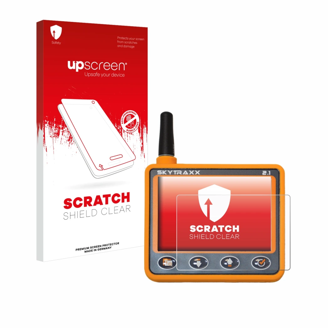 Face avant d’un emballage produit avec le logo de la marque upscreen. À côté, l’appareil Skytraxx 2.1 Vario est représenté ave
