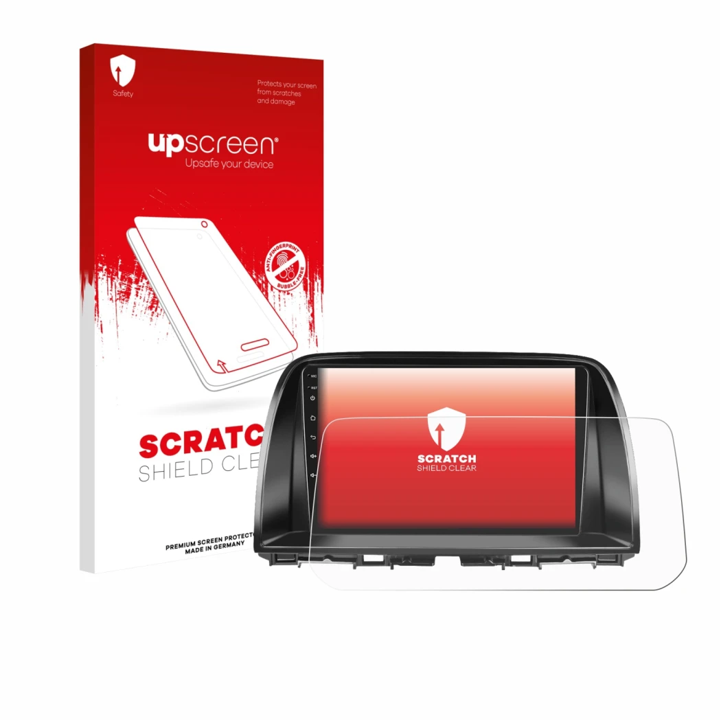 Face avant d’un emballage produit avec le logo de la marque upscreen. À côté, l’appareil Mazda CX-5 2017 Infotainment System e