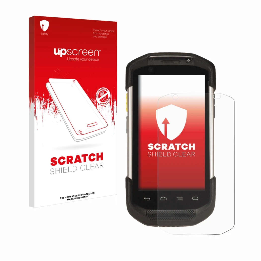 Face avant d’un emballage produit avec le logo de la marque upscreen. À côté, l’appareil Zebra TC77 est représenté avec la pro