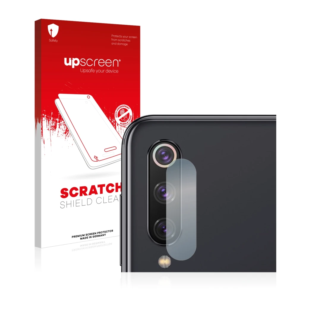 Face avant d’un emballage produit avec le logo de la marque upscreen. À côté, l’appareil Xiaomi Mi 9 SE (Caméra UNIQUEMENT) es