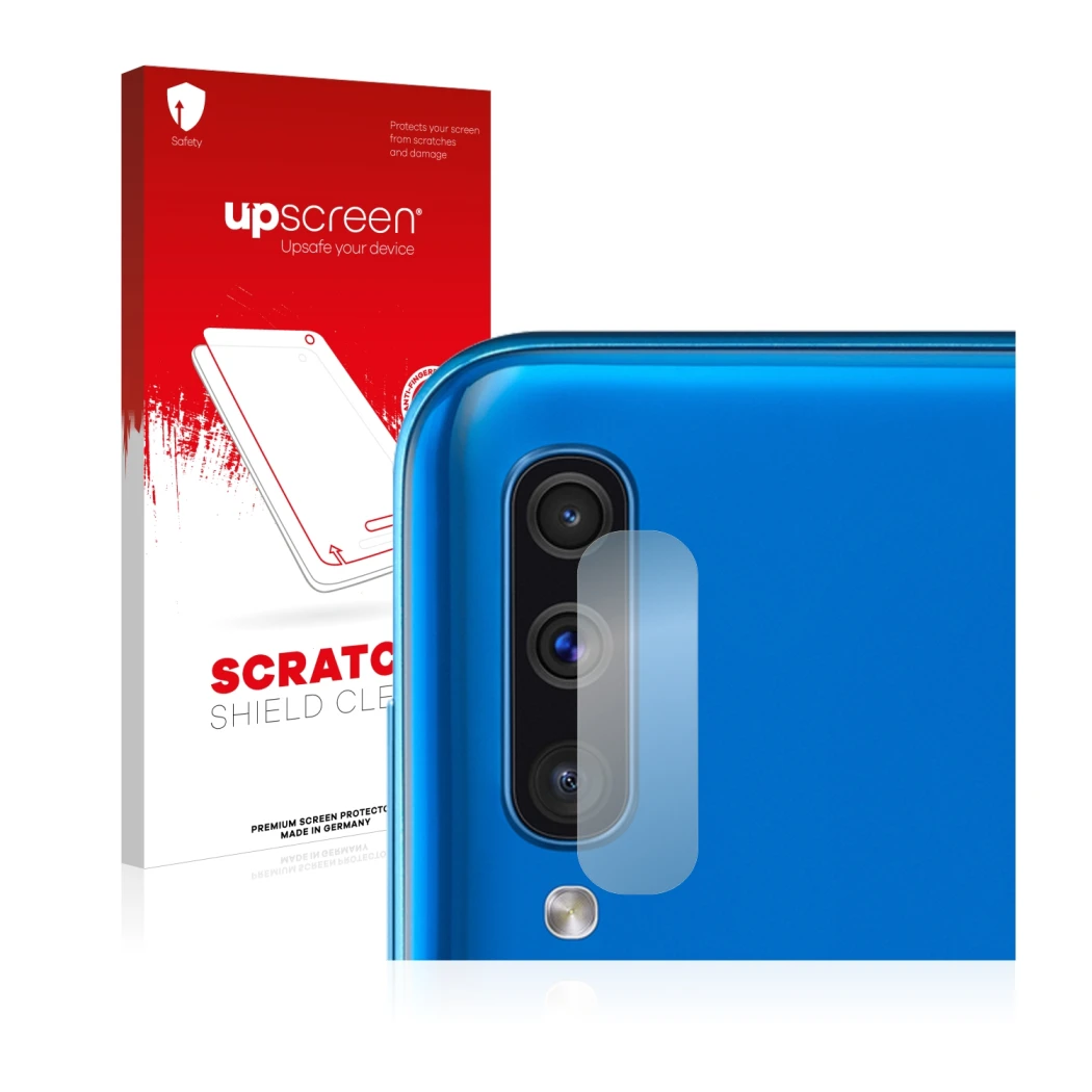 Face avant d’un emballage produit avec le logo de la marque upscreen. À côté, l’appareil Samsung Galaxy A50 (Caméra UNIQUEMENT