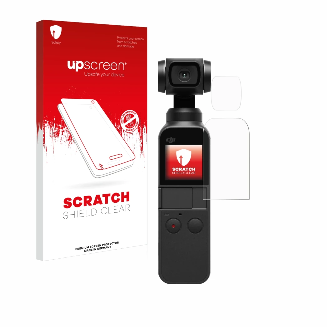 Face avant d’un emballage produit avec le logo de la marque upscreen. À côté, l’appareil DJI Osmo Pocket (Affichage + Lentille