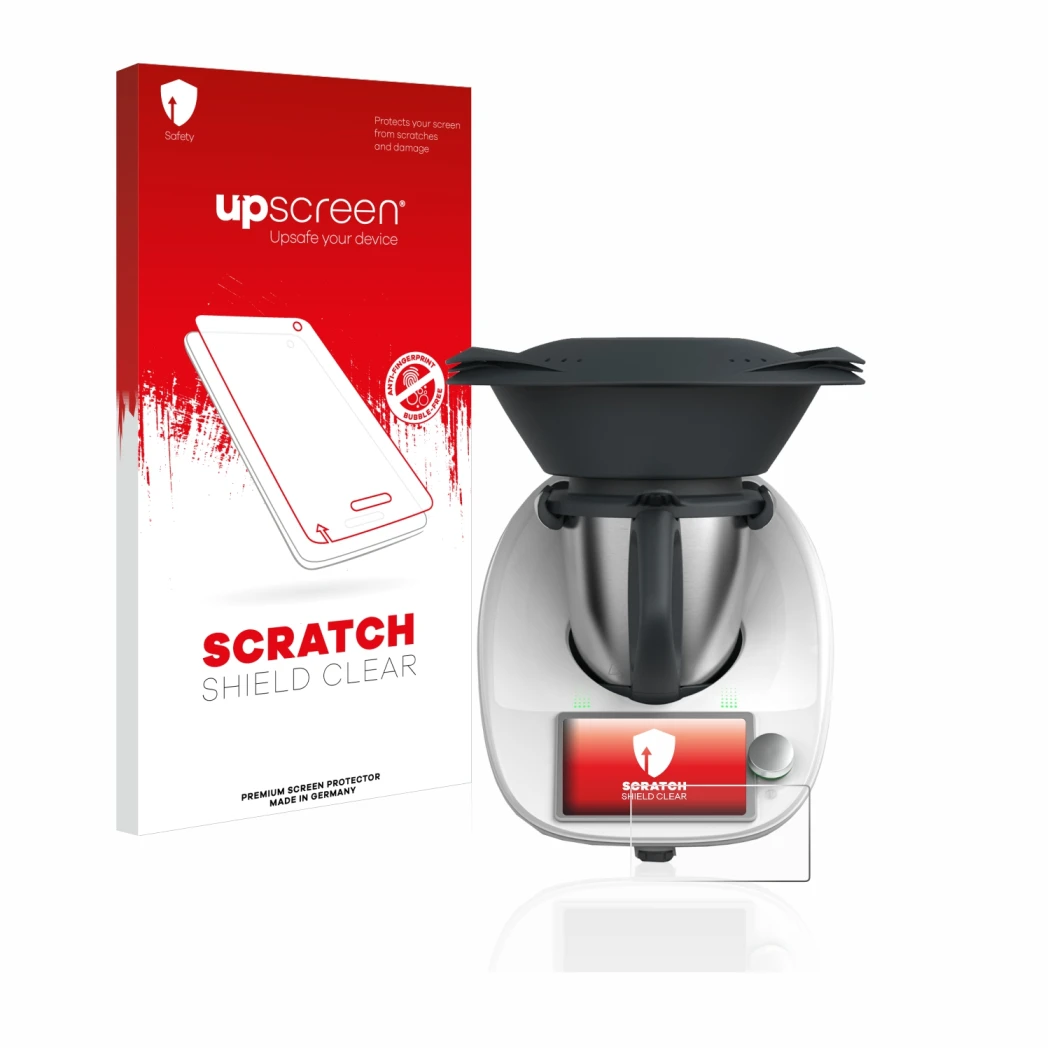 Face avant d’un emballage produit avec le logo de la marque upscreen. À côté, l’appareil Vorwerk Thermomix TM6 est représenté 