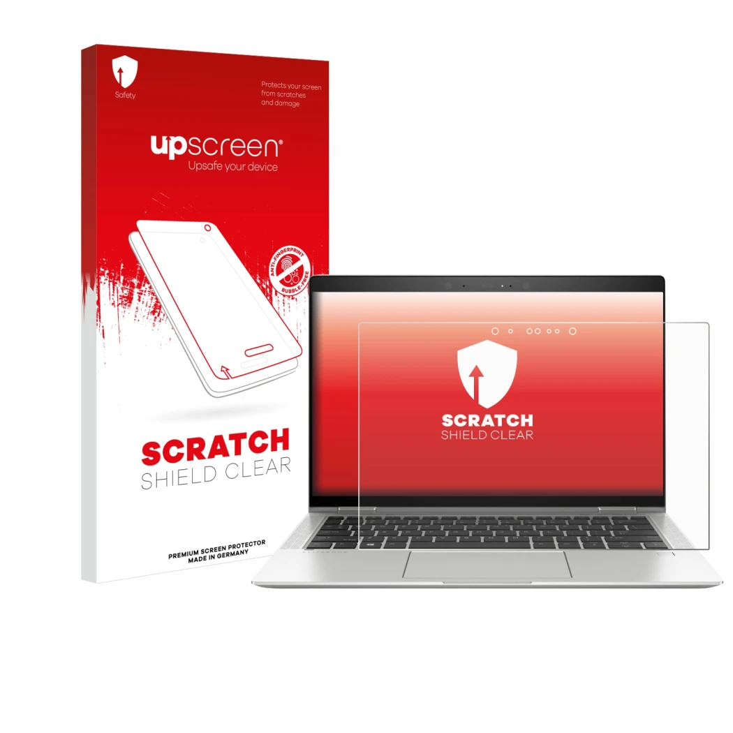 Face avant d’un emballage produit avec le logo de la marque upscreen. À côté, l’appareil HP EliteBook x360 1030 G3 est représe