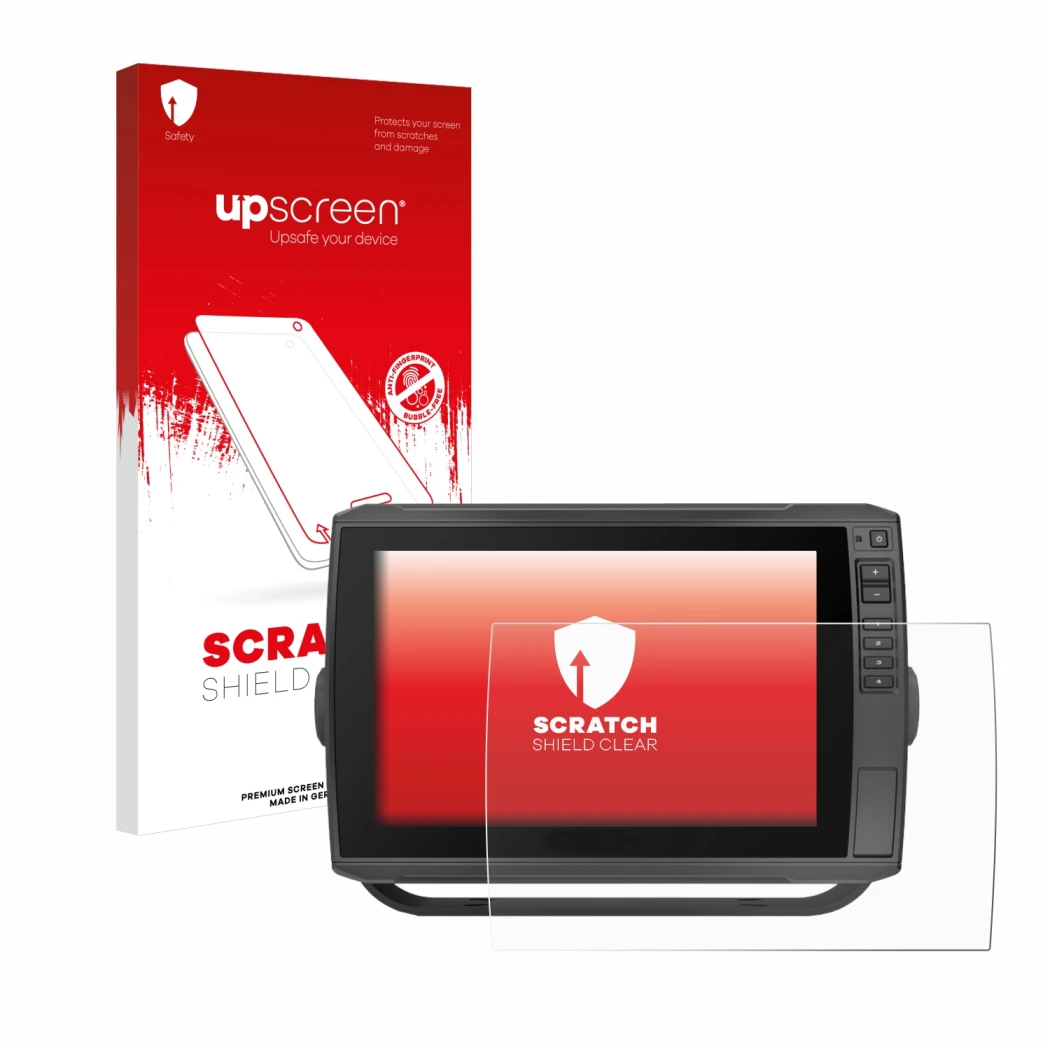 Face avant d’un emballage produit avec le logo de la marque upscreen. À côté, l’appareil Garmin ECHOMAP Ultra 102sv est représ