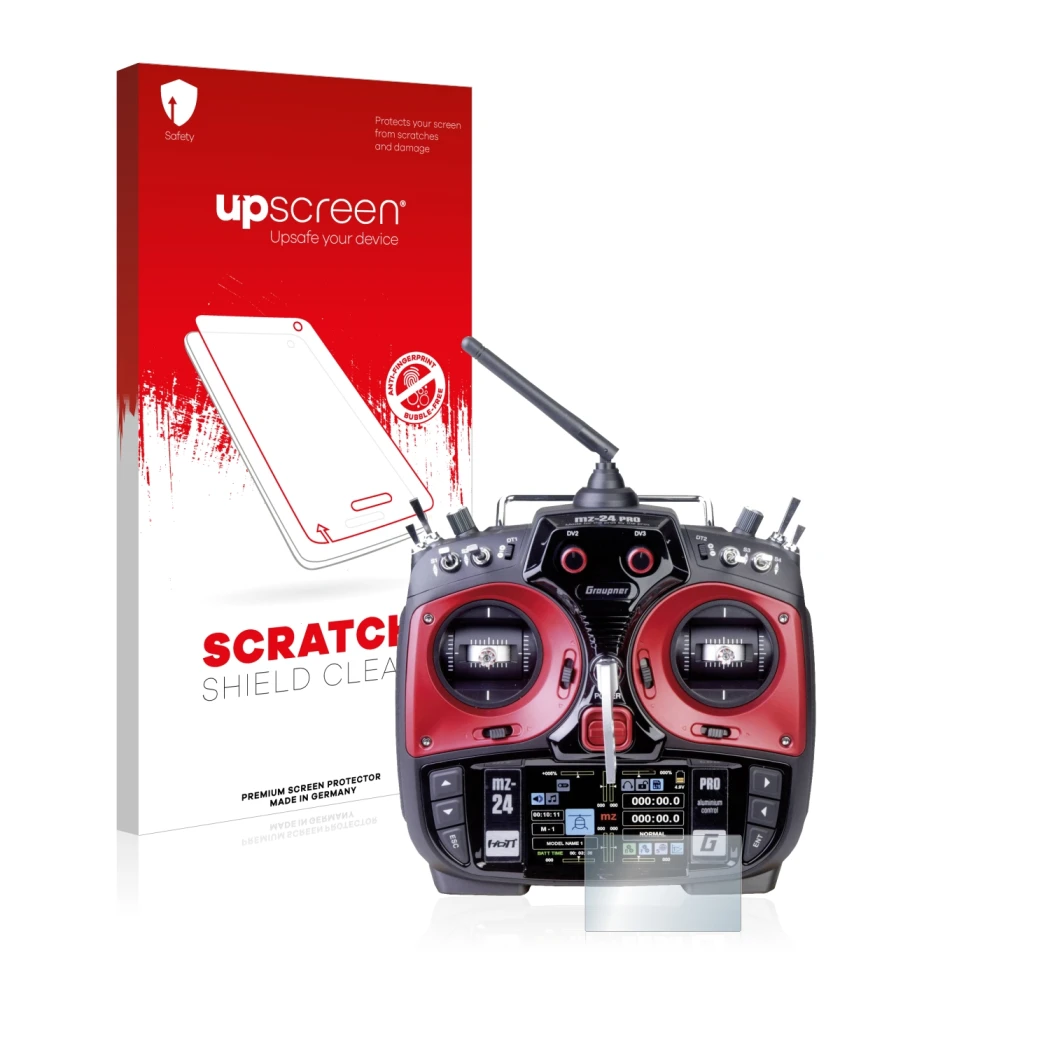 Face avant d’un emballage produit avec le logo de la marque upscreen. À côté, l’appareil Graupner mz-24 Pro est représenté ave
