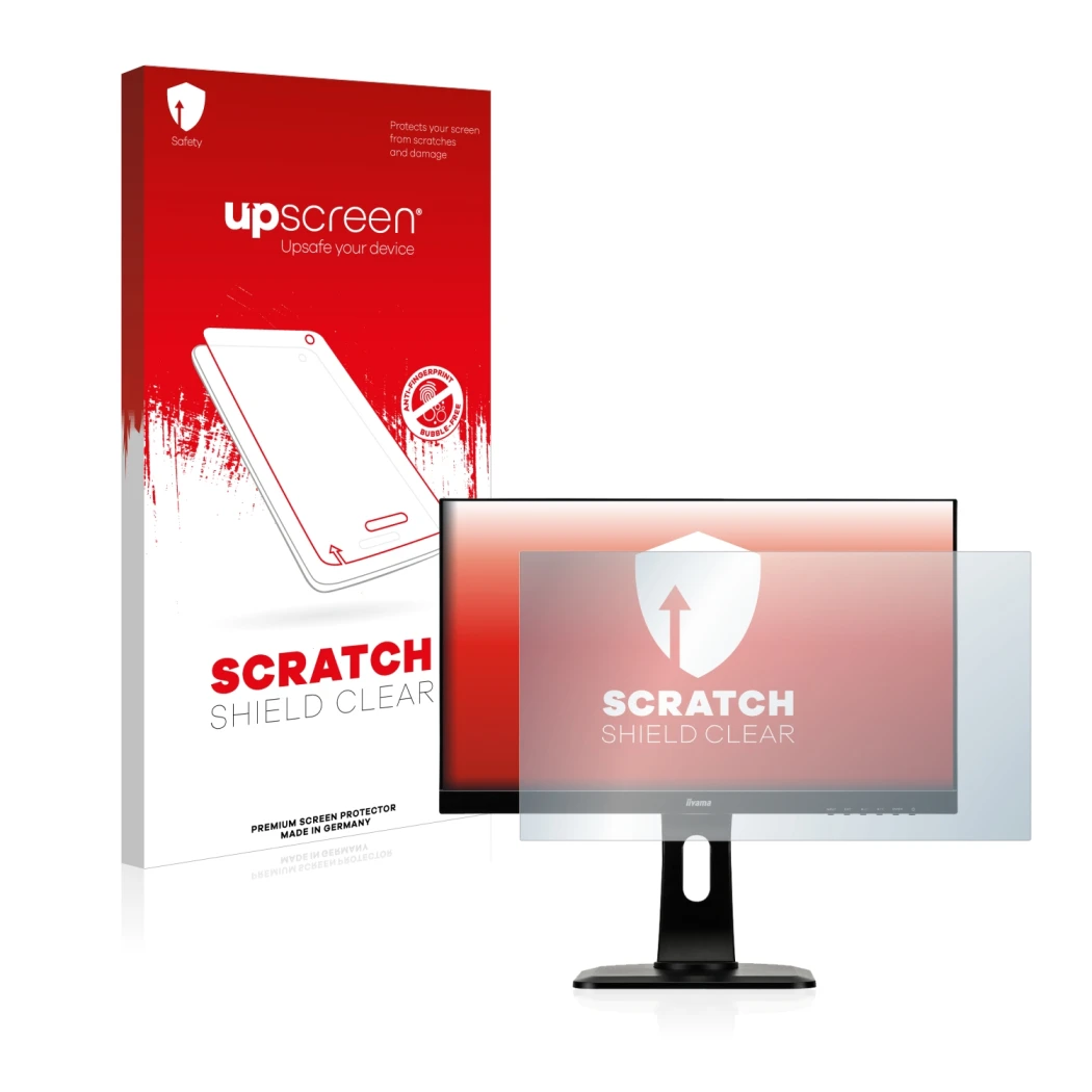 Face avant d’un emballage produit avec le logo de la marque upscreen. À côté, l’appareil Iiyama ProLite XUB2492HSU-W1 est repr