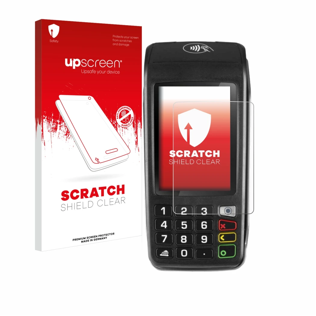 Face avant d’un emballage produit avec le logo de la marque upscreen. À côté, l’appareil ingenico Move/5000 est représenté ave