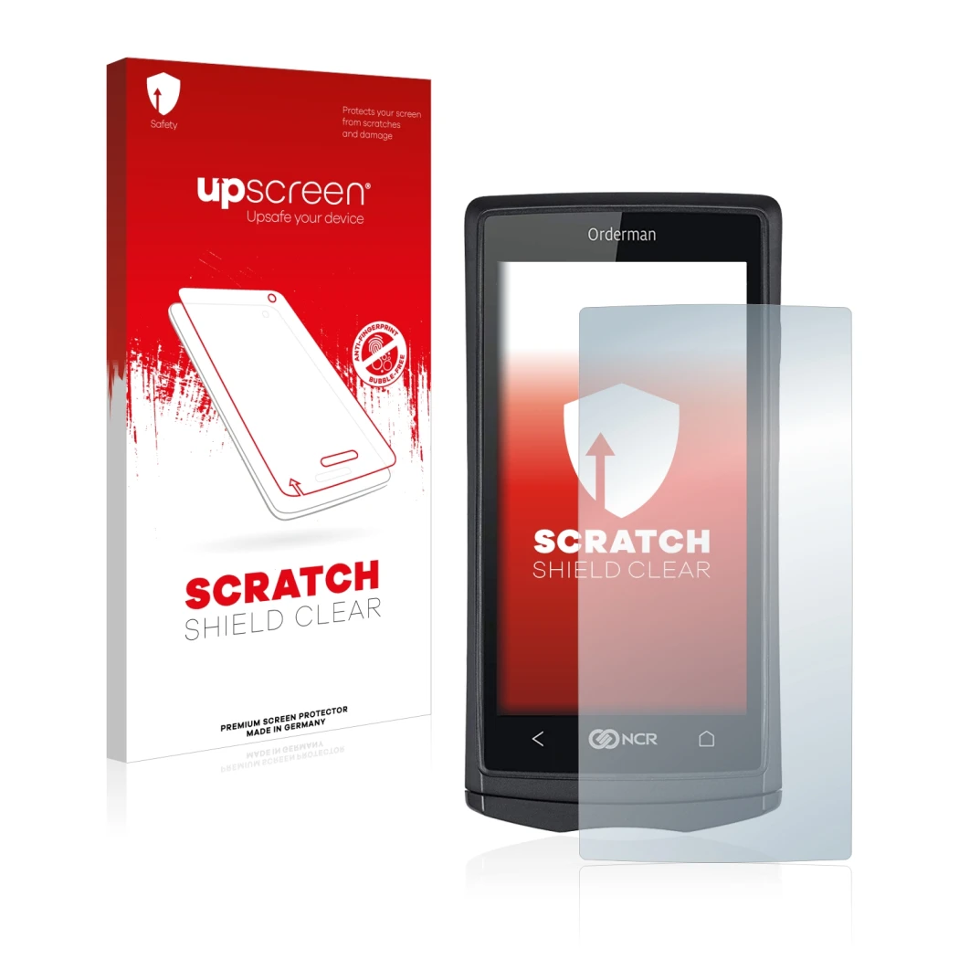 Face avant d’un emballage produit avec le logo de la marque upscreen. À côté, l’appareil Orderman 5 est représenté avec la pro