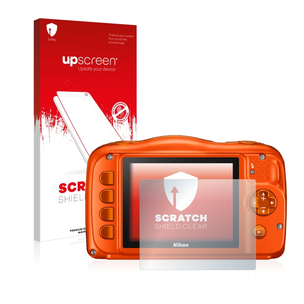 Face avant d’un emballage produit avec le logo de la marque upscreen. À côté, l’appareil Nikon Coolpix W150 est représenté ave