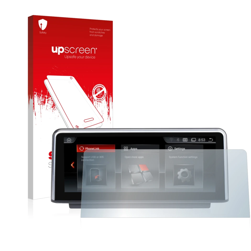 Face avant d’un emballage produit avec le logo de la marque upscreen. À côté, l’appareil NaviFly Android (10.2