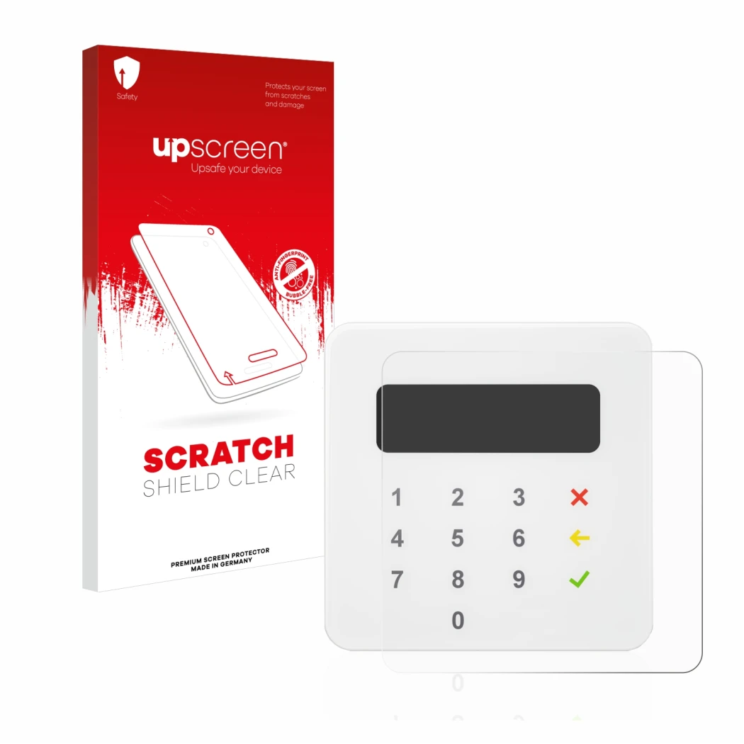 Face avant d’un emballage produit avec le logo de la marque upscreen. À côté, l’appareil SumUp Air est représenté avec la prot