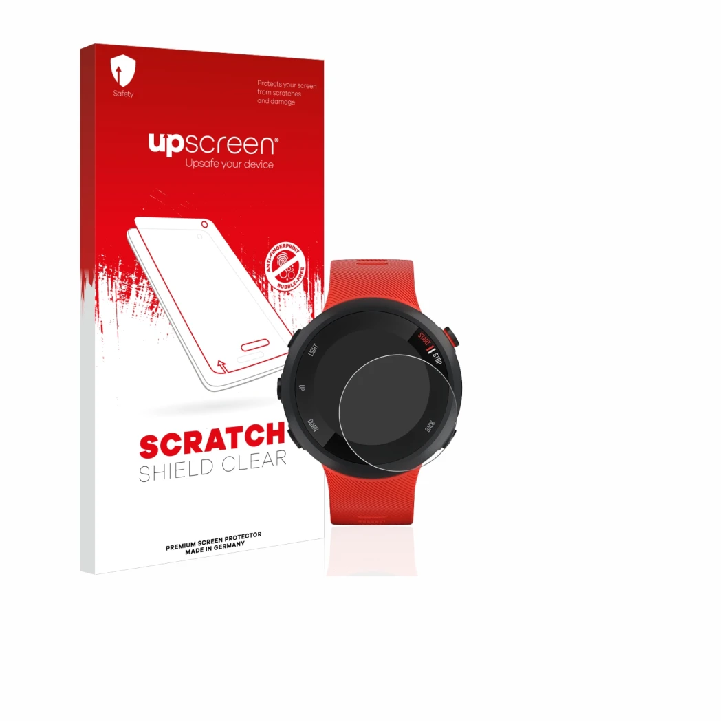 Face avant d’un emballage produit avec le logo de la marque upscreen. À côté, l’appareil Garmin Forerunner 45 est représenté a